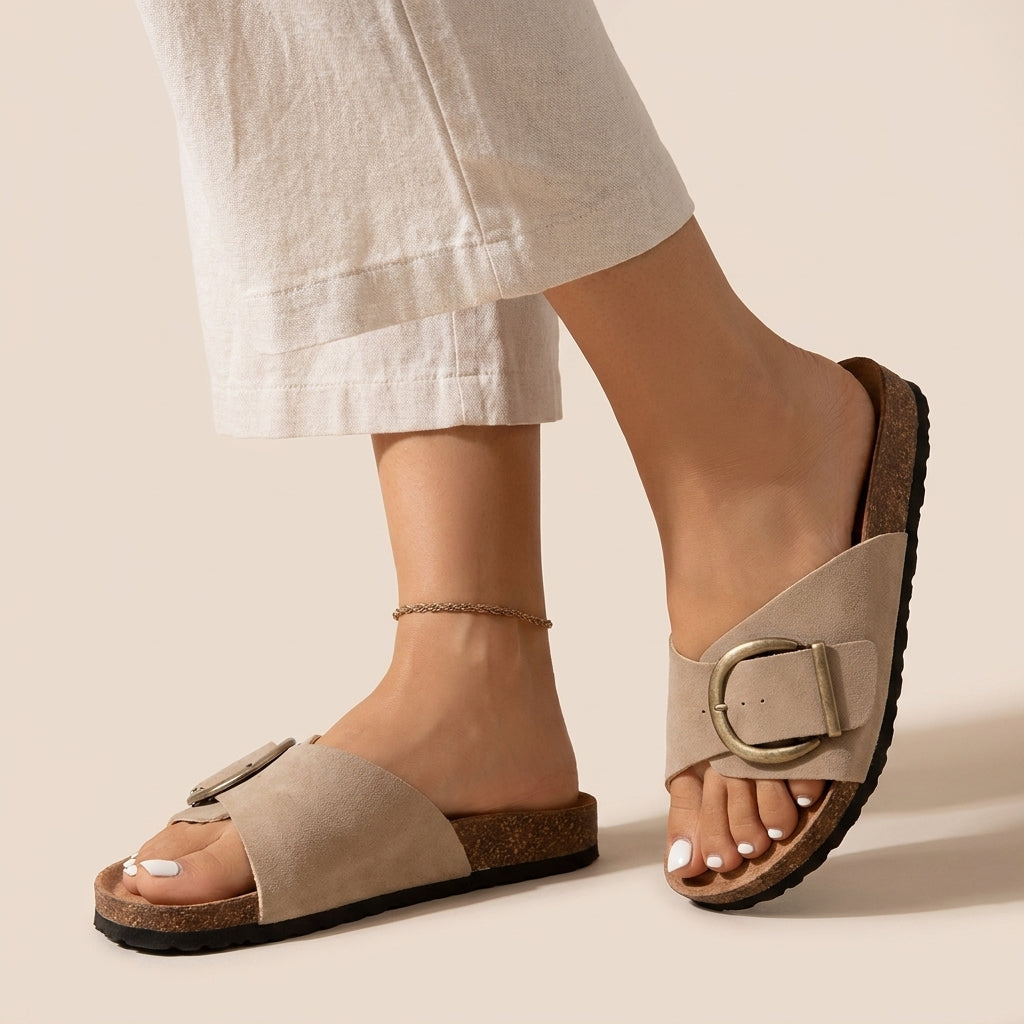 Contoured Soft-Touch Slide Sandals with Oversized Buckle