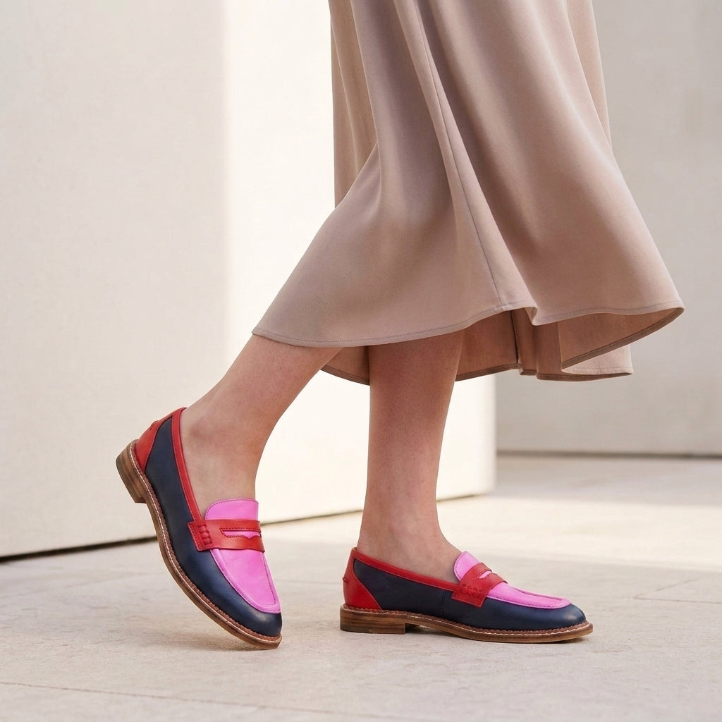 Structured Color-Blocked Penny Loafers with Low Block Heel for Women