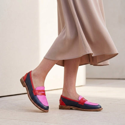 Structured Color-Blocked Penny Loafers with Low Block Heel for Women