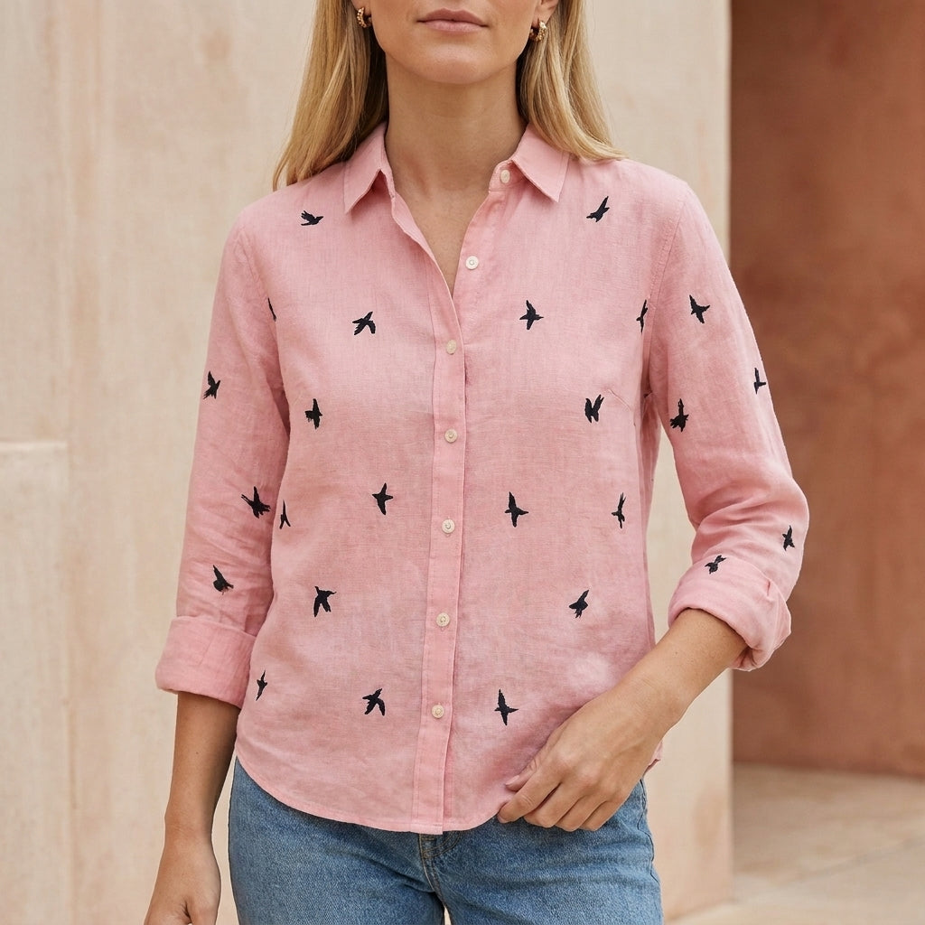 Relaxed Collared Button-Down Blouse with Whimsical Print and Soft Woven Texture