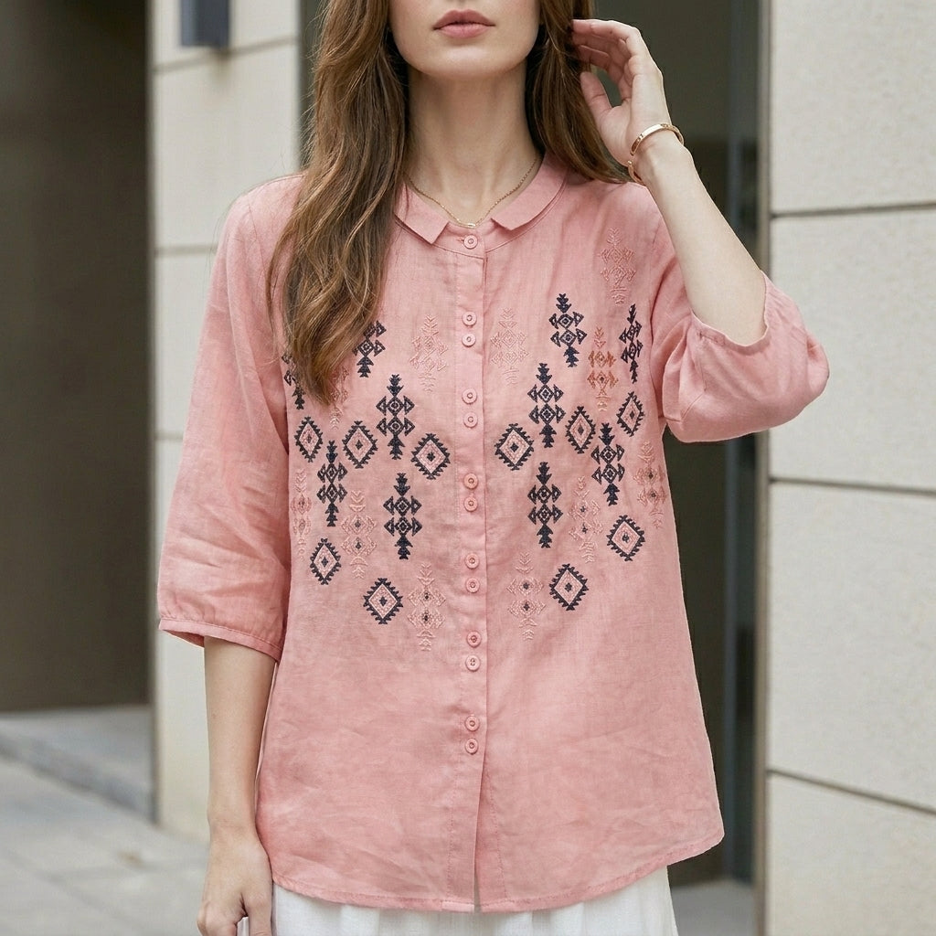 Embroidered Geometric Button-Down Blouse with Stand Collar and Relaxed Fit