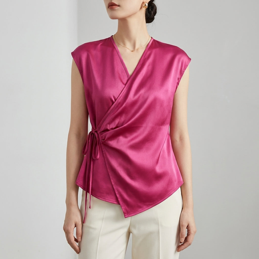 Tailored Sleeveless Wrap Blouse with Pleated Draping and Side Tie Closure