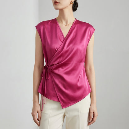 Tailored Sleeveless Wrap Blouse with Pleated Draping and Side Tie Closure