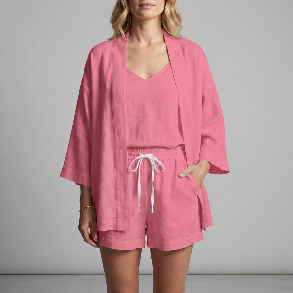 Elegant Three-Piece Lounge Set with Kimono and Shorts