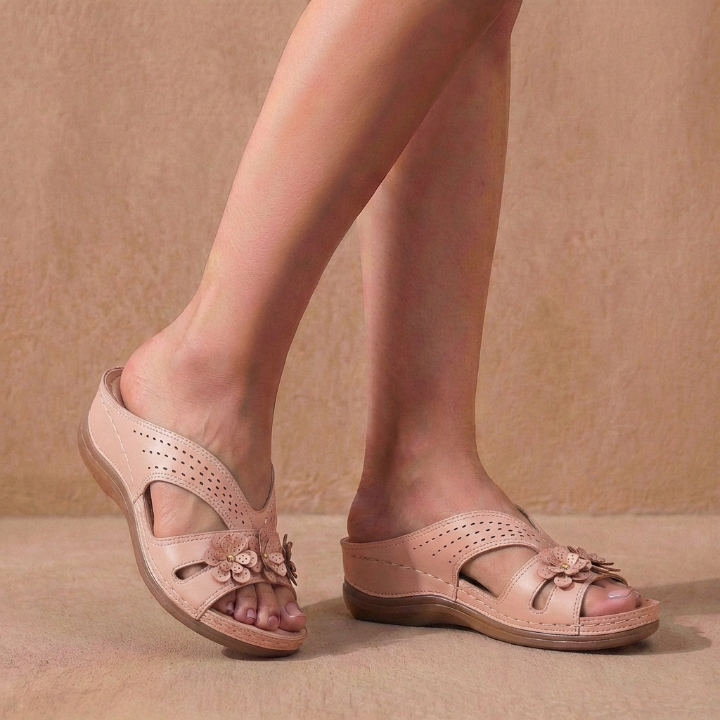 Refined Slip-On Wedge Sandals with Floral Appliqué and Contoured Comfort