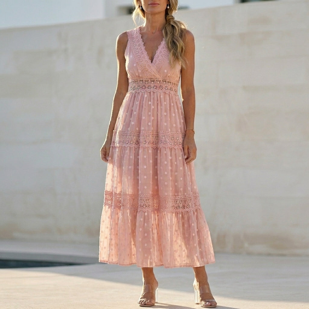 Bohemian Lace Maxi Dress with Tiered Skirt and Delicate Detailing