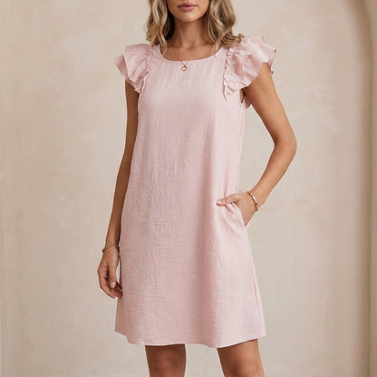 Textured Woven Mini Shift Dress with Lotus Leaf Ruffle Sleeves