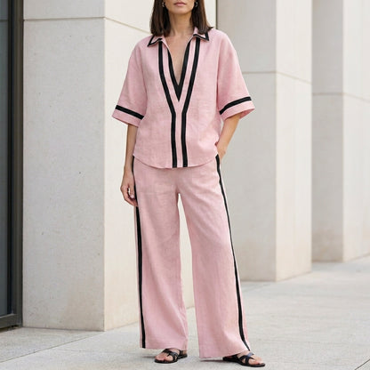 Coastal Chic Contrast Trim Top and Wide-Leg Pants Set