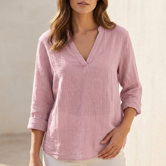 Relaxed Cotton Linen V-Neck Pullover Blouse with Textured Finish