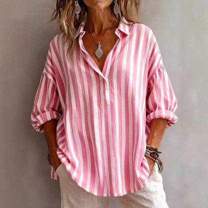 Relaxed Striped V-Neck Shirt Blouse with Rolled 3/4 Sleeves