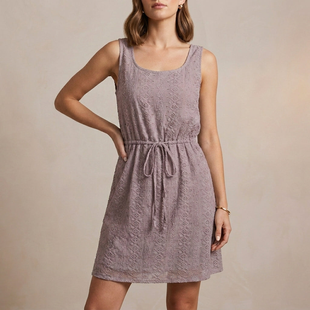 Sleeveless Mini Dress with Hollow-Out Textured Fabric and Adjustable Waist