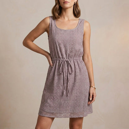Sleeveless Mini Dress with Hollow-Out Textured Fabric and Adjustable Waist