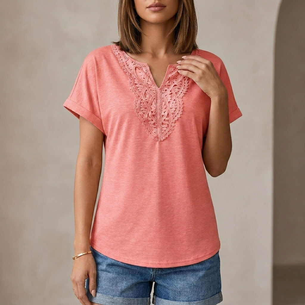 Relaxed V-Neck Lace-Embroidered Short Sleeve Knit Top