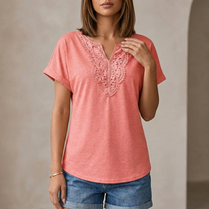 Relaxed V-Neck Lace-Embroidered Short Sleeve Knit Top