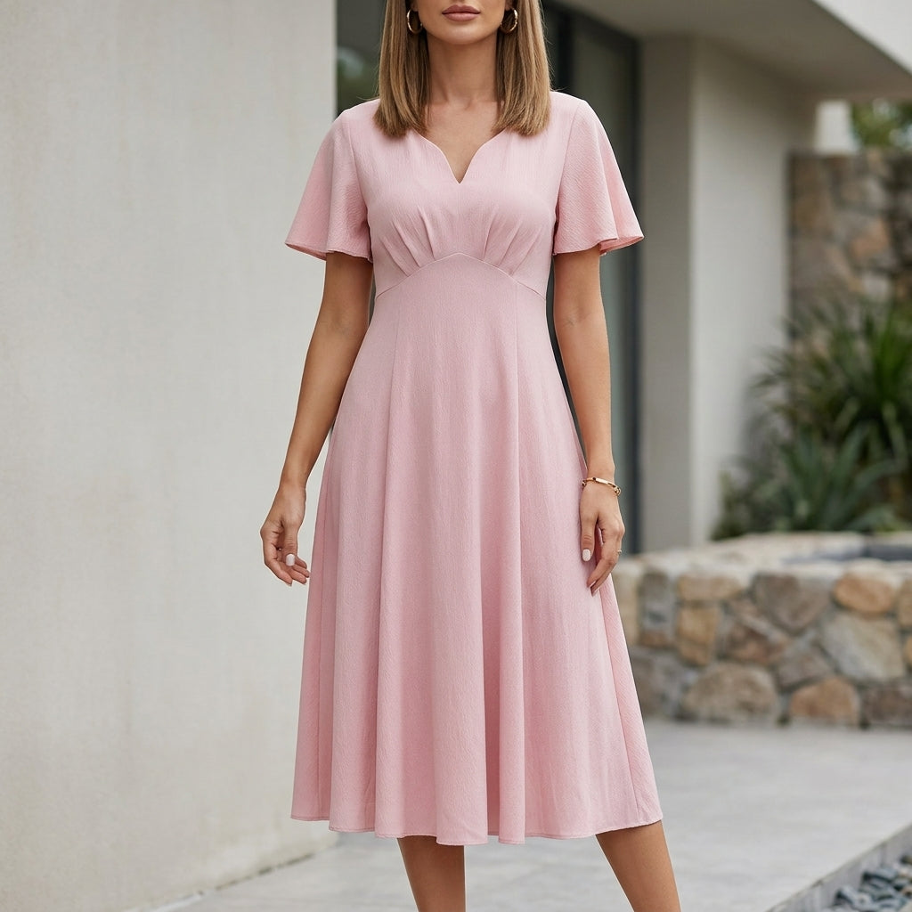Soft Flutter Sleeve Midi Dress with Elegant Feminine Flow Silhouette