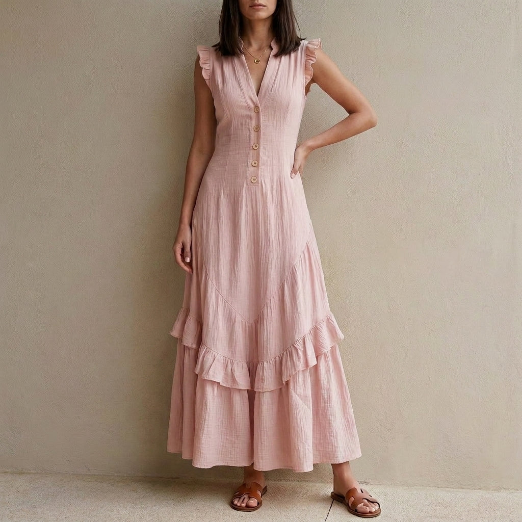 Ruffle Sleeve Button Front Midi Dress with Tiered Hem