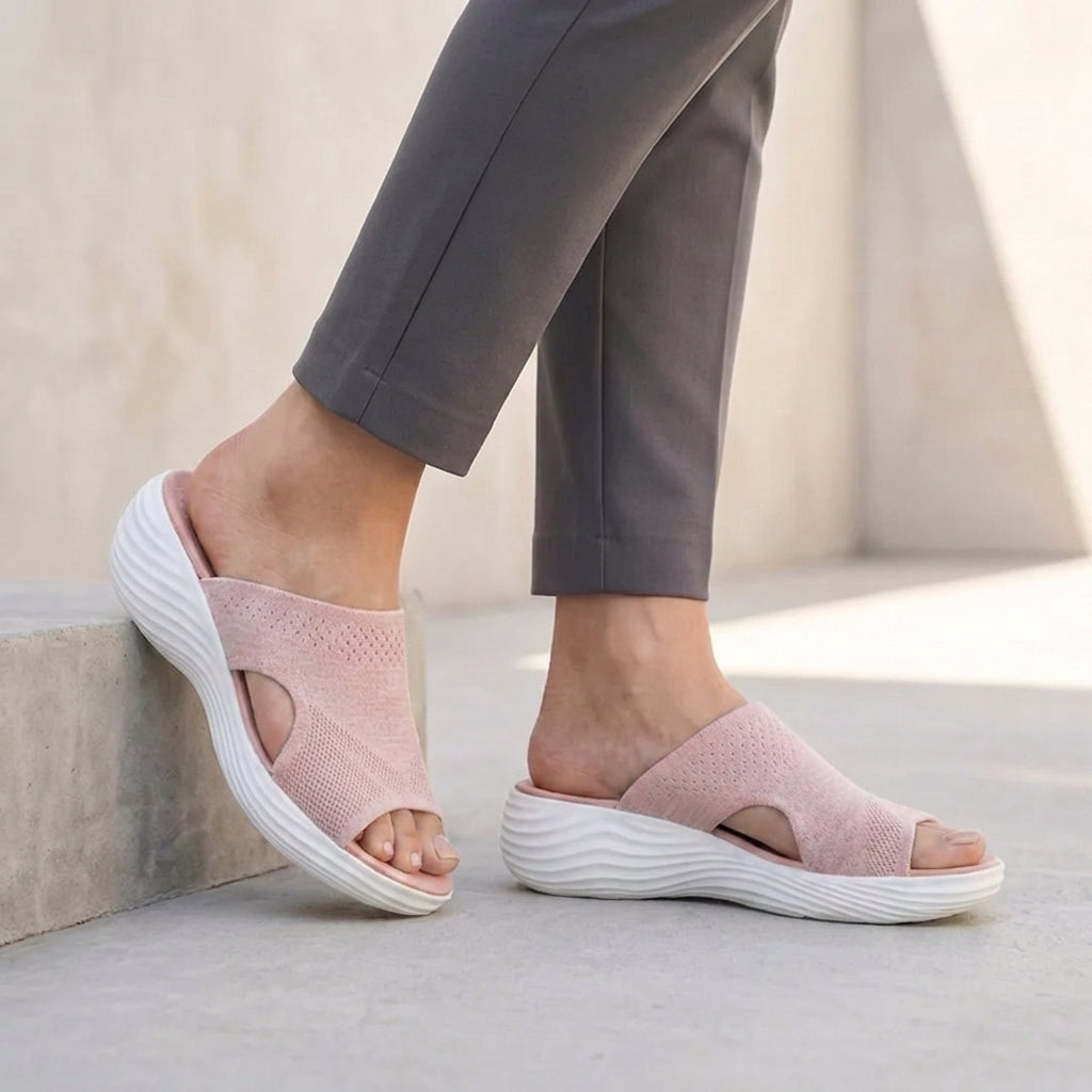 Breathable Knit Platform Slide Sandals with Contoured Arch Support
