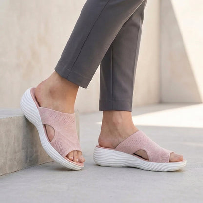 Breathable Knit Platform Slide Sandals with Contoured Arch Support