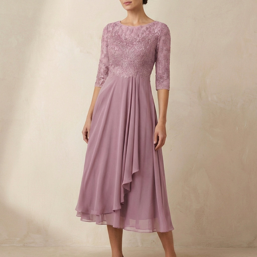 Embroidered A-Line Midi Dress with Sheer Sleeves and Pockets