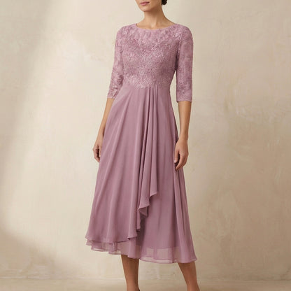 Embroidered A-Line Midi Dress with Sheer Sleeves and Pockets