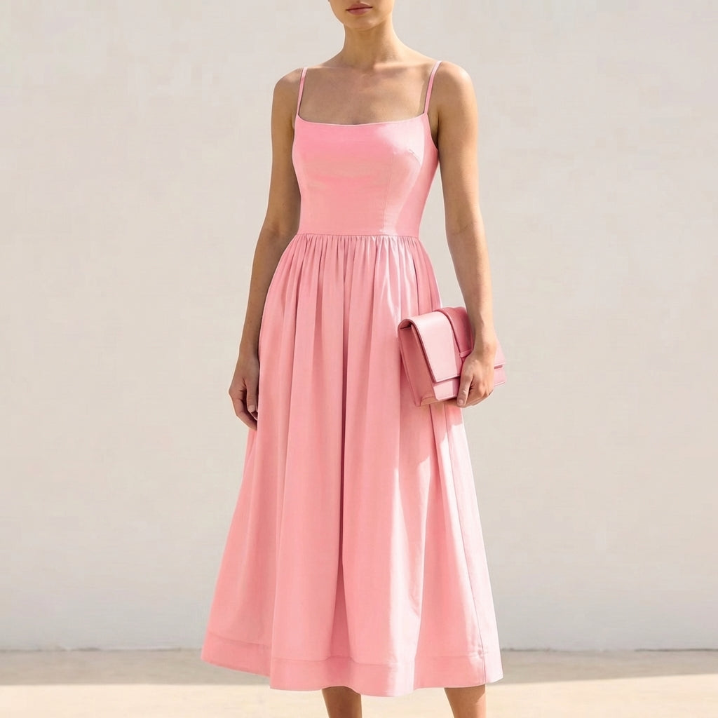 Anna Fitted Bodice A-Line Midi Dress with Spaghetti Straps