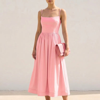 Anna Fitted Bodice A-Line Midi Dress with Spaghetti Straps