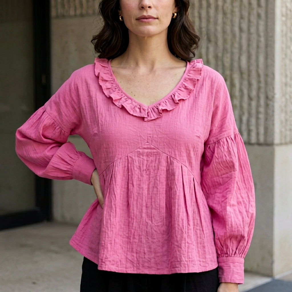 Relaxed Ruffle Trim V-Neck Peasant Blouse