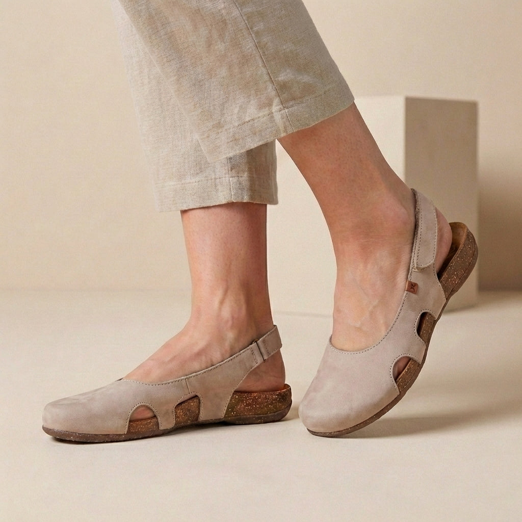 Orthopedic Closed-Toe Slingback Sandals with Cork Sole and Cut-Out Detail