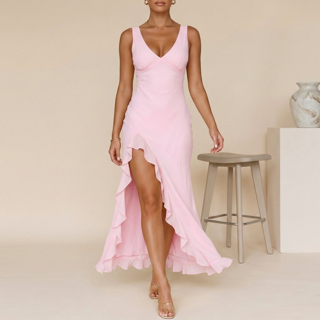 Flowing Chiffon Maxi Dress with Ruched Bodice and Ruffled Slit