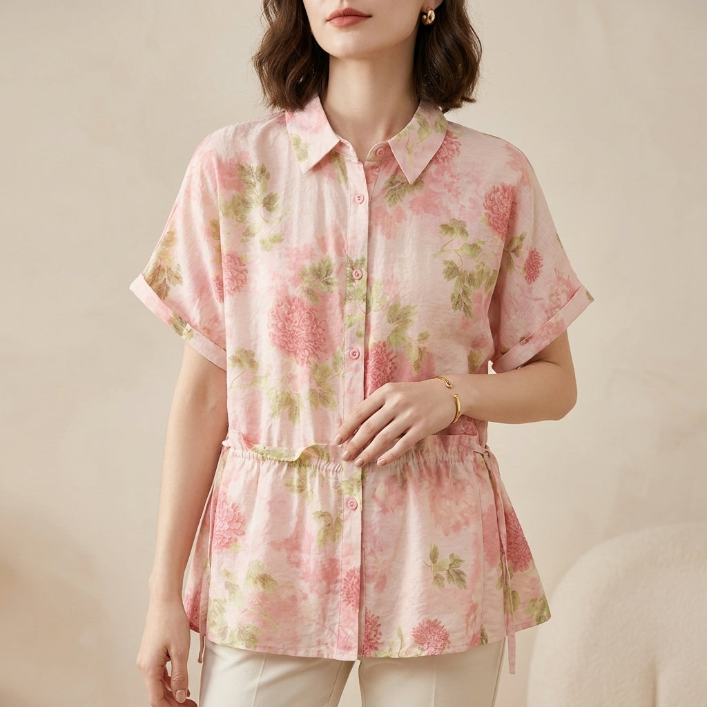 Botanical Floral Button Up Peplum Blouse for Effortless Summer Styling