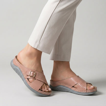 Buckle Accent Cross-Strap Comfort Slide Sandals