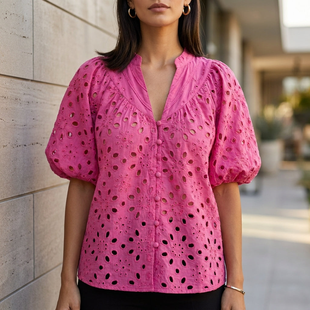 Embroidered V-Neck Blouse with Voluminous Lantern Sleeves and Eyelet Detail
