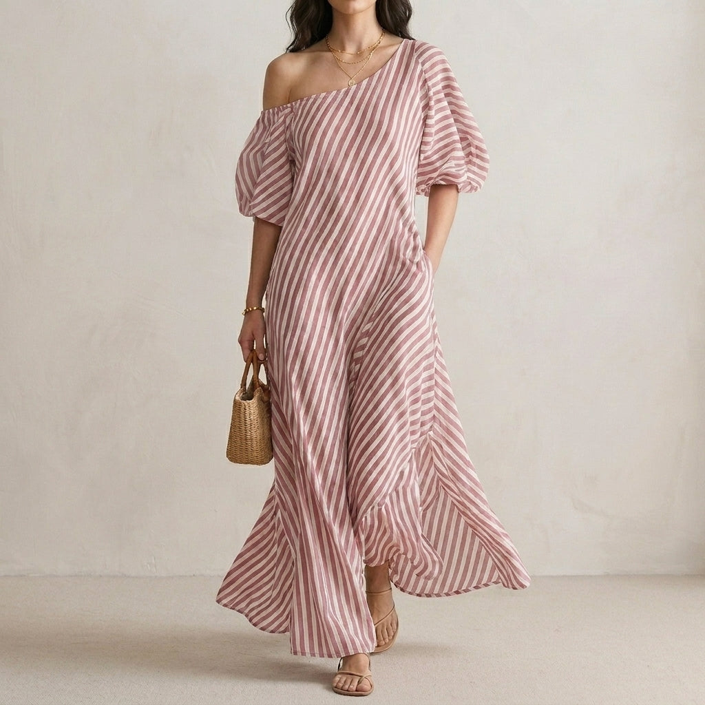 Striped One-Shoulder Maxi Dress with Relaxed Coastal Flow Silhouette