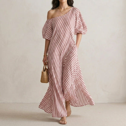 Striped One-Shoulder Maxi Dress with Relaxed Coastal Flow Silhouette
