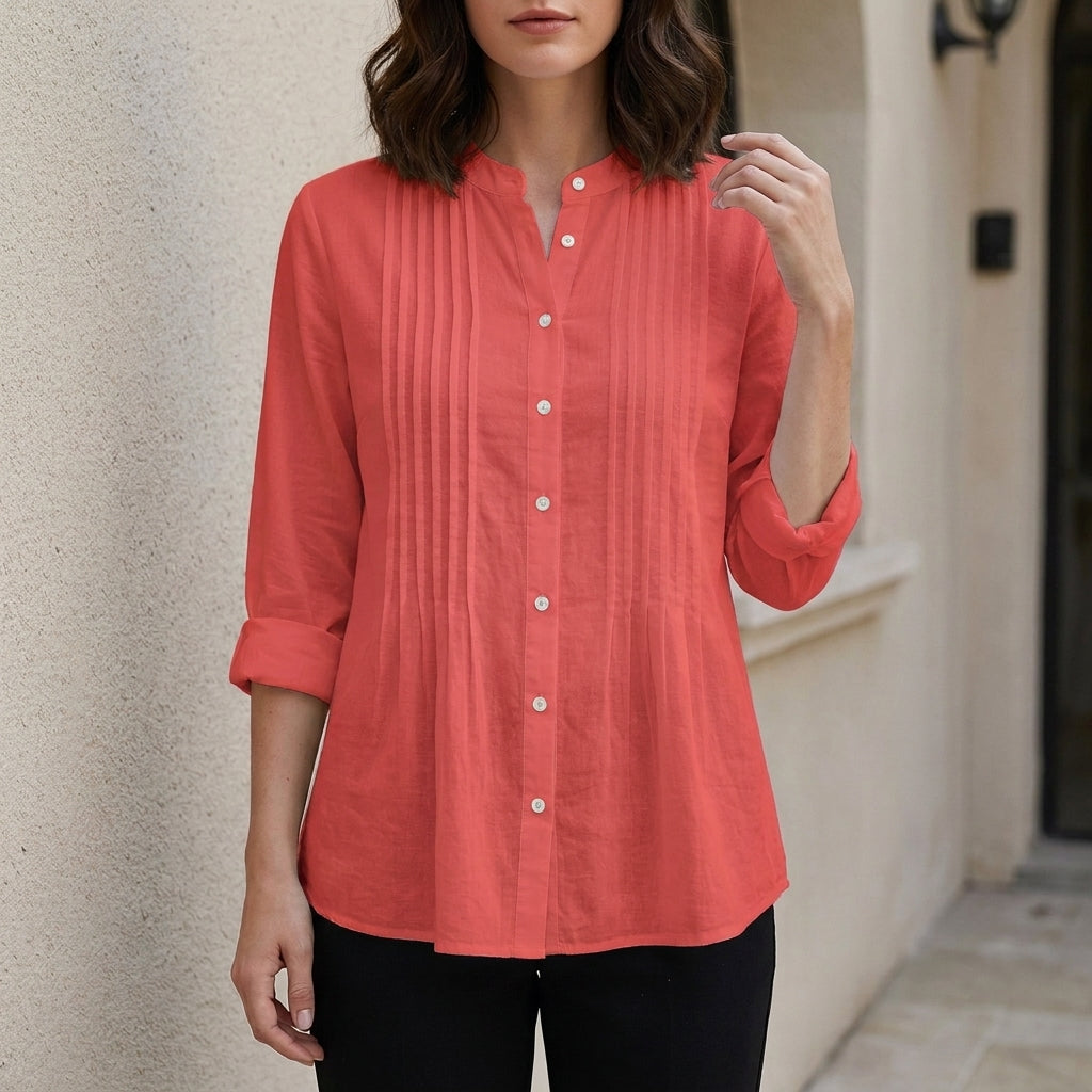Elegant Pleated Button-Front Blouse with Relaxed Silhouette