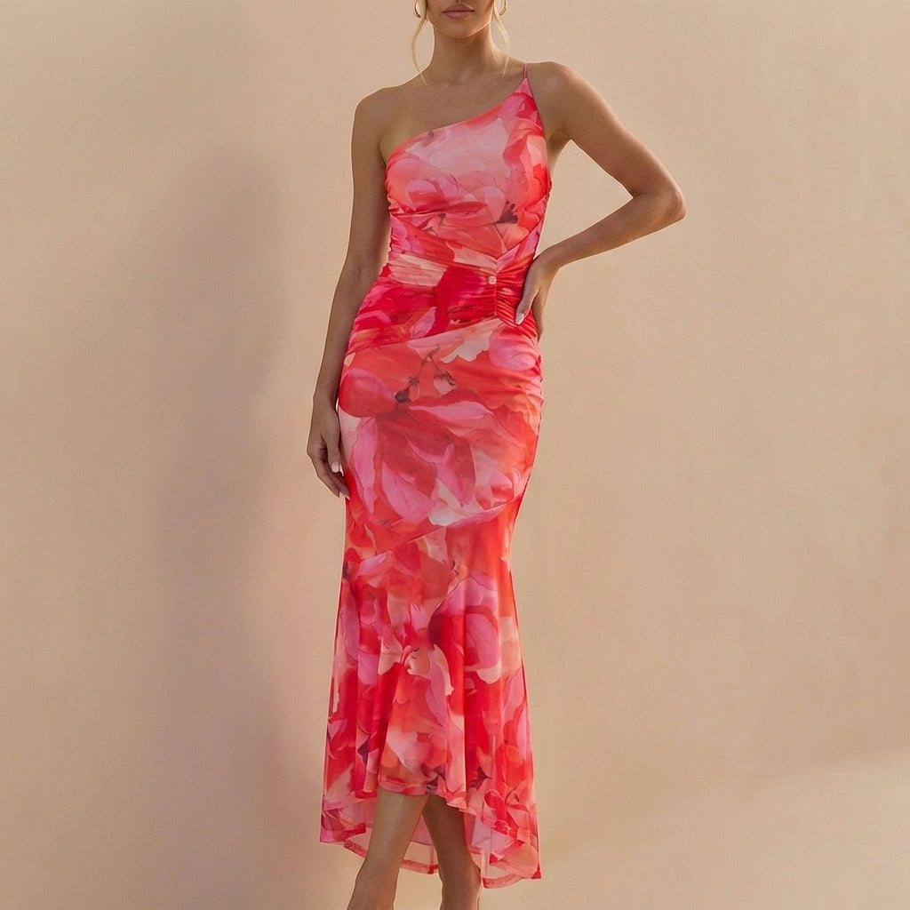 Fitted One-Shoulder Mesh Overlay Maxi Dress with Ruched Detail