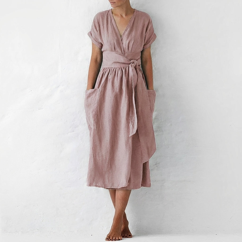 Relaxed Fit Linen Blend Wrap Midi Dress with Pockets