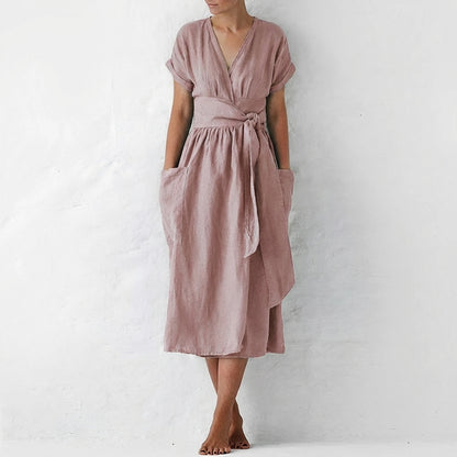 Relaxed Fit Linen Blend Wrap Midi Dress with Pockets
