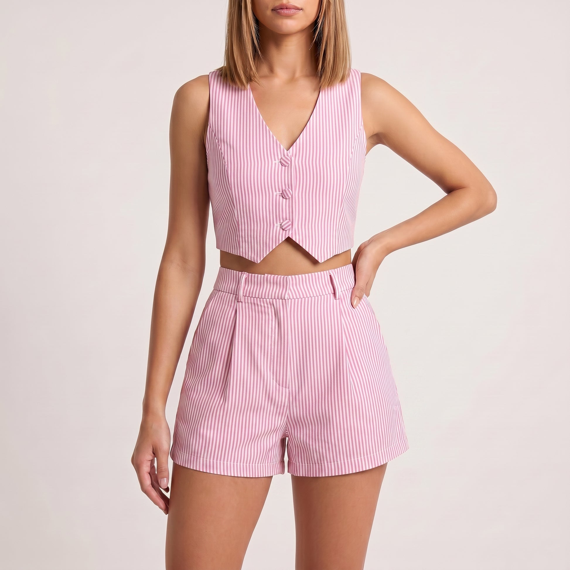 Tailored Cropped Vest and High-Waisted Pleated Shorts Set