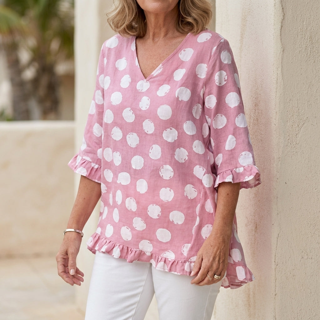 Relaxed V-Neck Tunic with Ruffle Trim and Flowing Silhouette