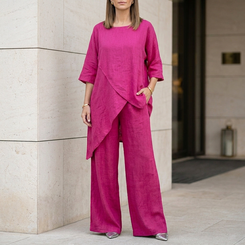 Relaxed Two-Piece Set with Flowing Wide-Leg Pants Elegance