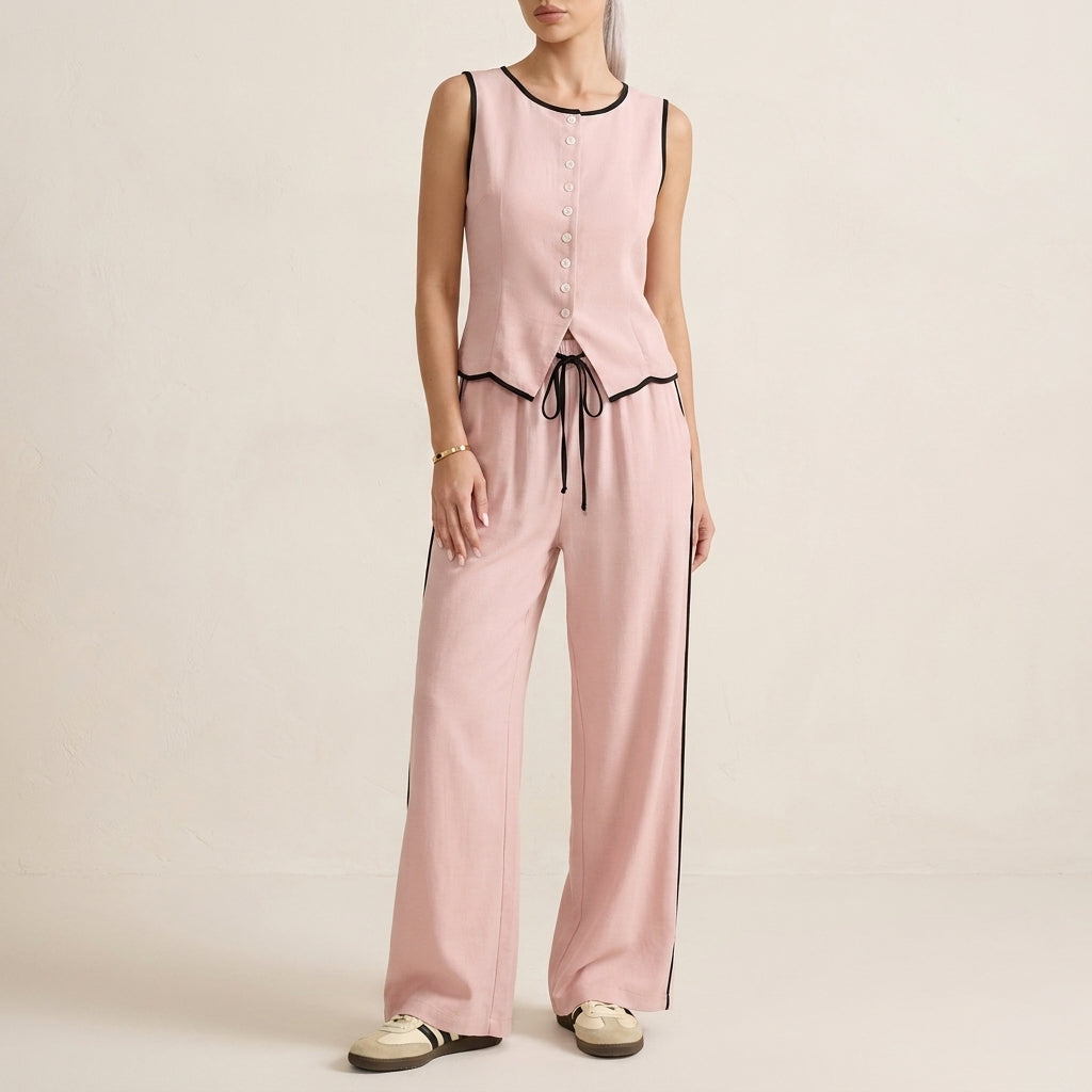 Contrast Trim Two-Piece Set with Relaxed Wide-Leg Pants and Top