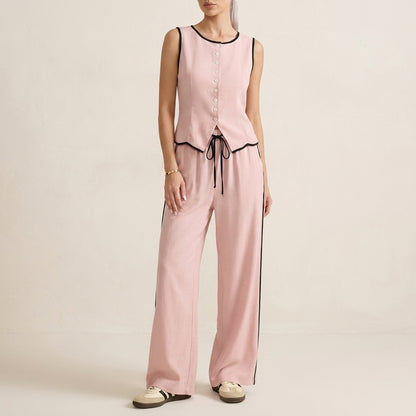 Contrast Trim Two-Piece Set with Relaxed Wide-Leg Pants and Top