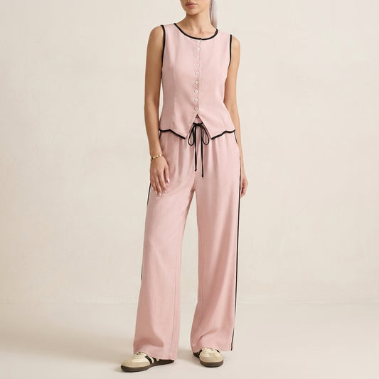 Contrast Trim Two-Piece Set with Relaxed Wide-Leg Pants and Top