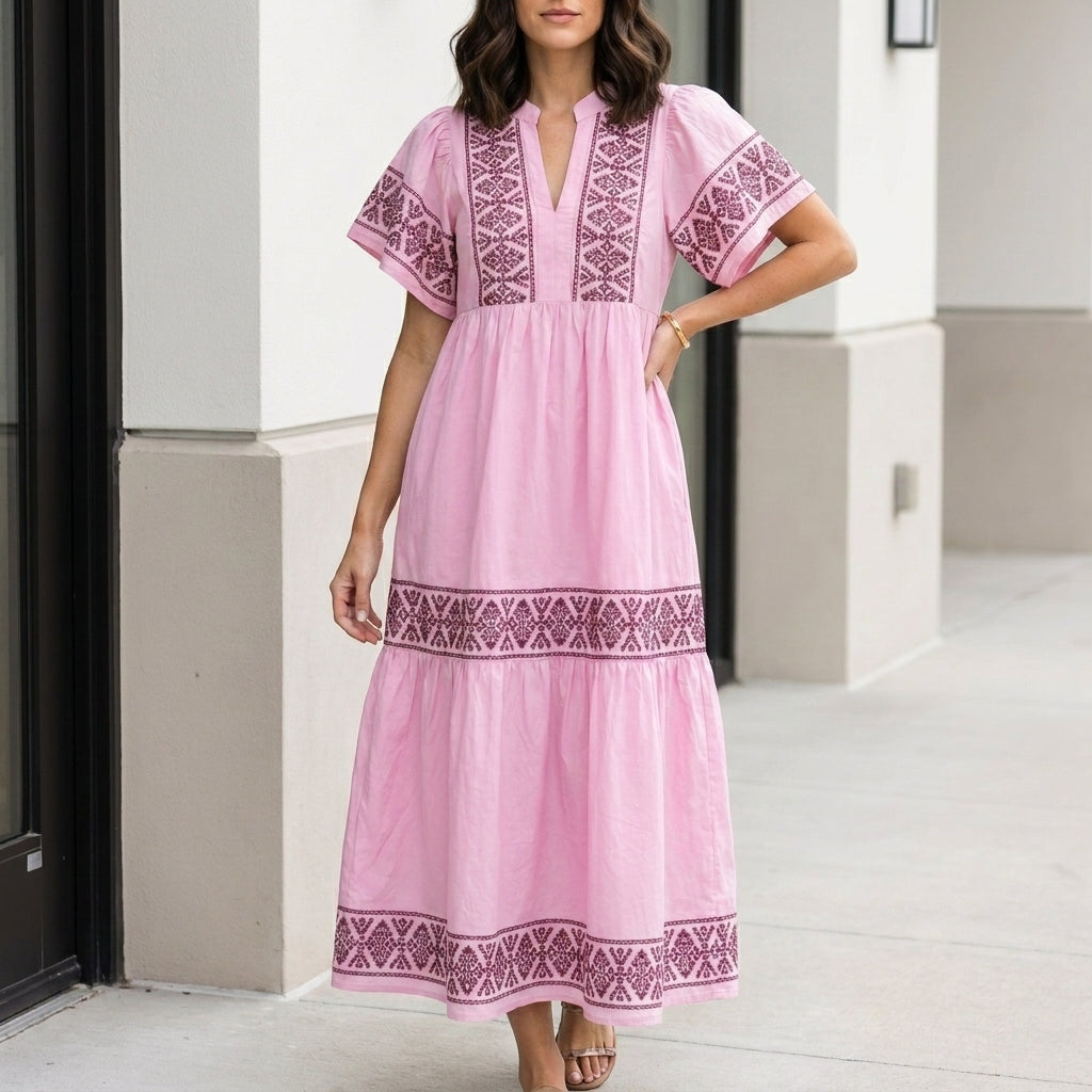 Bohemian Embroidered Tiered Midi Dress with Relaxed Silhouette