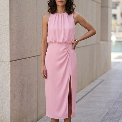 Sleeveless High Neck Side Slit Midi Dress