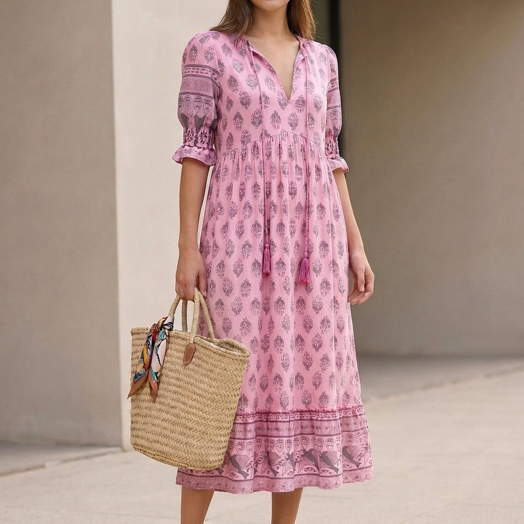 Bohemian V-Neck Maxi Dress with Lantern Sleeves and Tiered Skirt