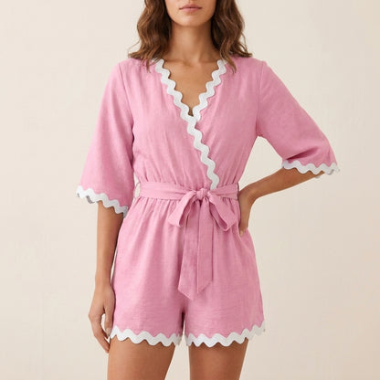 Scalloped Trim Surplice Short Jumpsuit with Self-Tie Waist