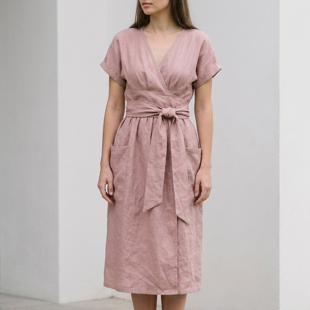 Relaxed Wrap-Front Midi Dress with Tie Waist and Patch Pockets
