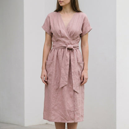 Relaxed Wrap-Front Midi Dress with Tie Waist and Patch Pockets